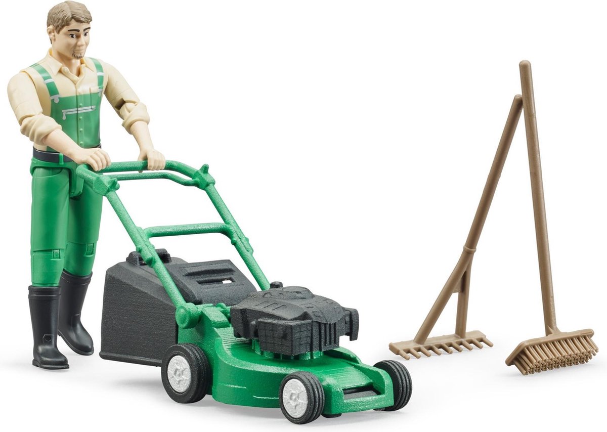 Jardinier de figurines Bruder avec tondeuse à gazon