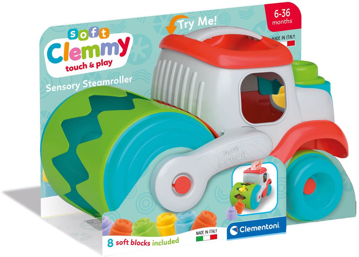Véhicule rouleau compresseur Clementoni baby soft clemmy avec blocs, 9 pièces.