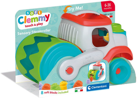 Véhicule rouleau compresseur Clementoni baby soft clemmy avec blocs, 9 pièces.