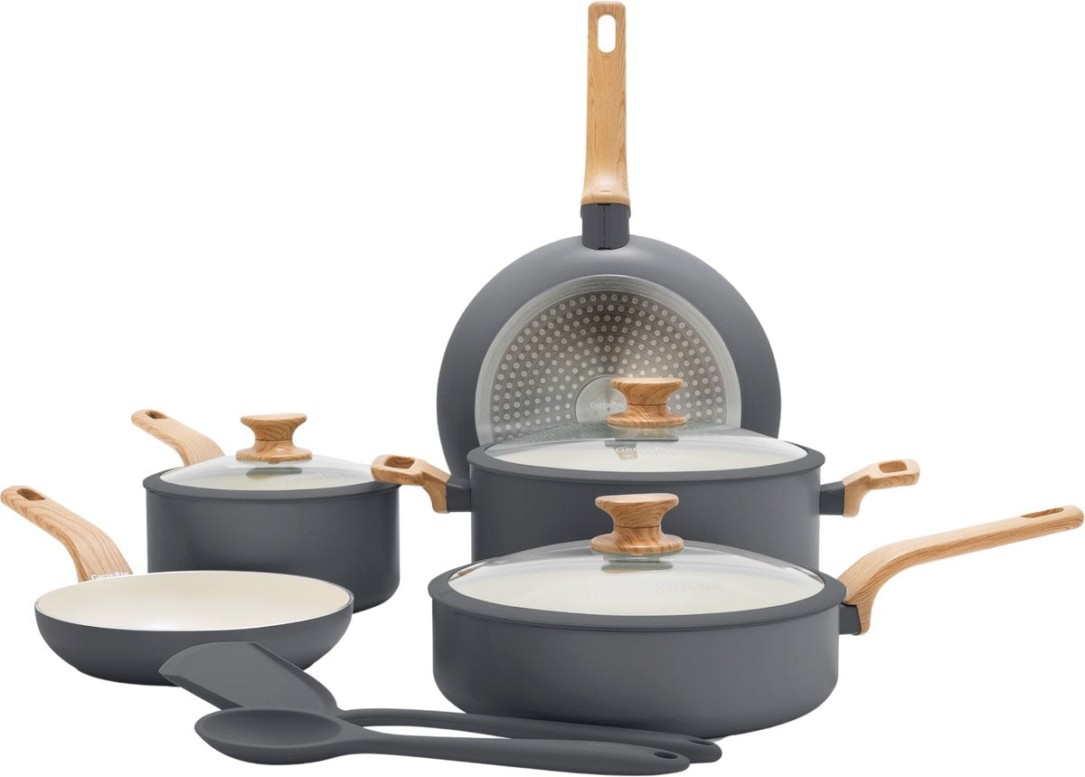 Greenpan essence set de poêles 10 pièces - 18 20 24 26 cm - revêtement antiadhésif sans PFA - set de poêles à induction - poêle en céramique - passe au four jusqu'à 160°c - poignées effet bois - poignées froides - avec couvercle en verre - gris