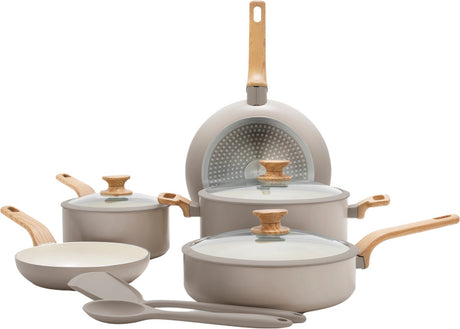 Greenpan essence set de poêles 10 pièces - 18 20 24 26 cm - revêtement antiadhésif sans PFA - set de poêles à induction - poêle en céramique - passe au four jusqu'à 160°c - poignées effet bois - poignées froides - avec couvercle en verre - taupe