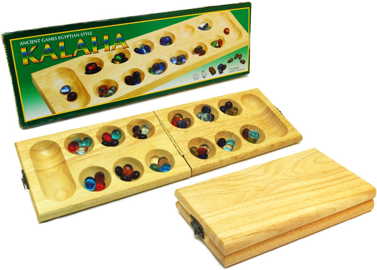 Hot games kalaha vouwbaar blank hout 45x14cm.stenen glas