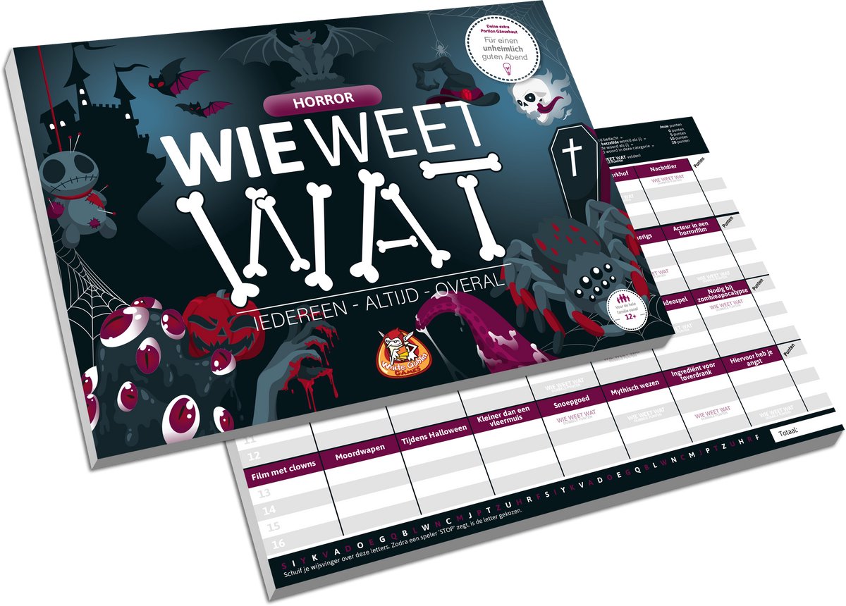 White goblin games - wie weet wat: horror - partyspel - 2 tot 10 spelers - speelt snel en de uitleg is nóg sneller - wie weet wat speel je altijd, met iedereen en overal - ideaal cadeau