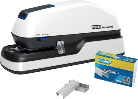 Agrafeuse électrique rapide sans contact optima 20e - capacité d'agrafage jusqu'à 20 feuilles - blanche