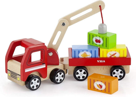 Viga toys camion grue en bois avec accessoires 29 cm rouge