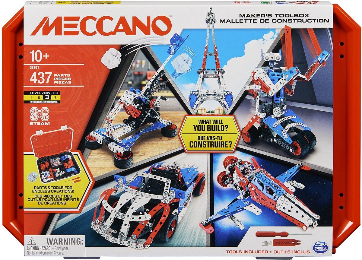 Bandai - Mallette de construction Meccano - Kit de construction 5 en 1 véhicules, robot, Tour Eiffel - 437 pièces, outils, instructions - kit d'activités de montage - jouets pour enfants de 10 ans et plus -apm20106