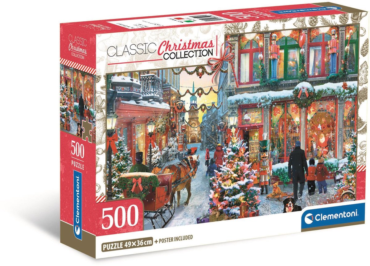 Puzzle Clementoni Puzzle de Noël 500 pièces Affiche du village enneigé.