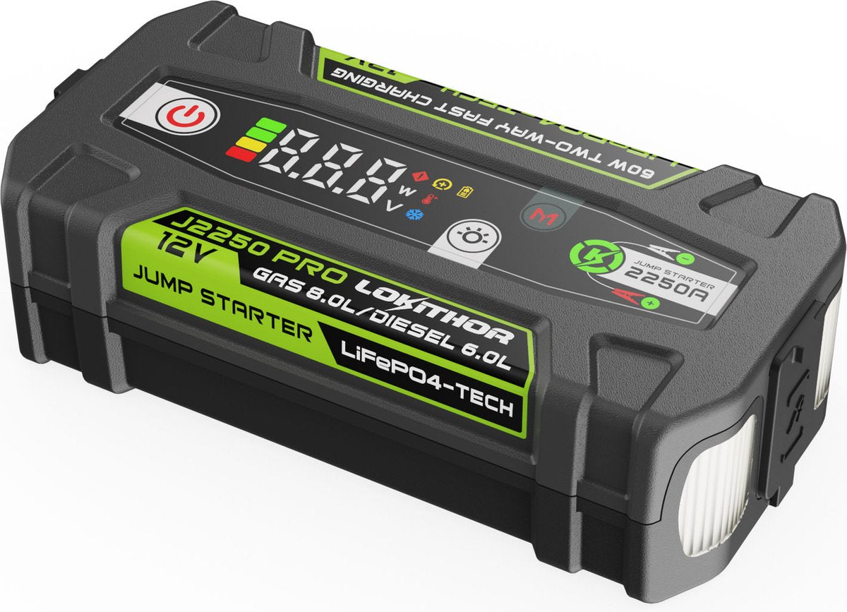Lokithor jump starter j2250 pro - 12v 2250a lifepo4 - banque d'alimentation 60w - batterie de voiture démarrant jusqu'à 8,0l essence 6,0l diesel - lampe de poche LED