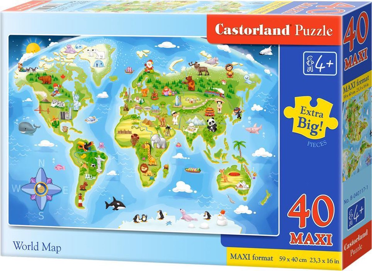 Castorland carte du monde maxi – puzzle – 40 pièces – pièces extra grandes – qualité premium – revêtement des deux côtés
