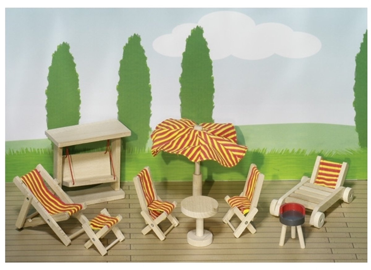 Meubles de maison de poupée Goki série 2 : meubles de jardin 9 pièces, pour poupée