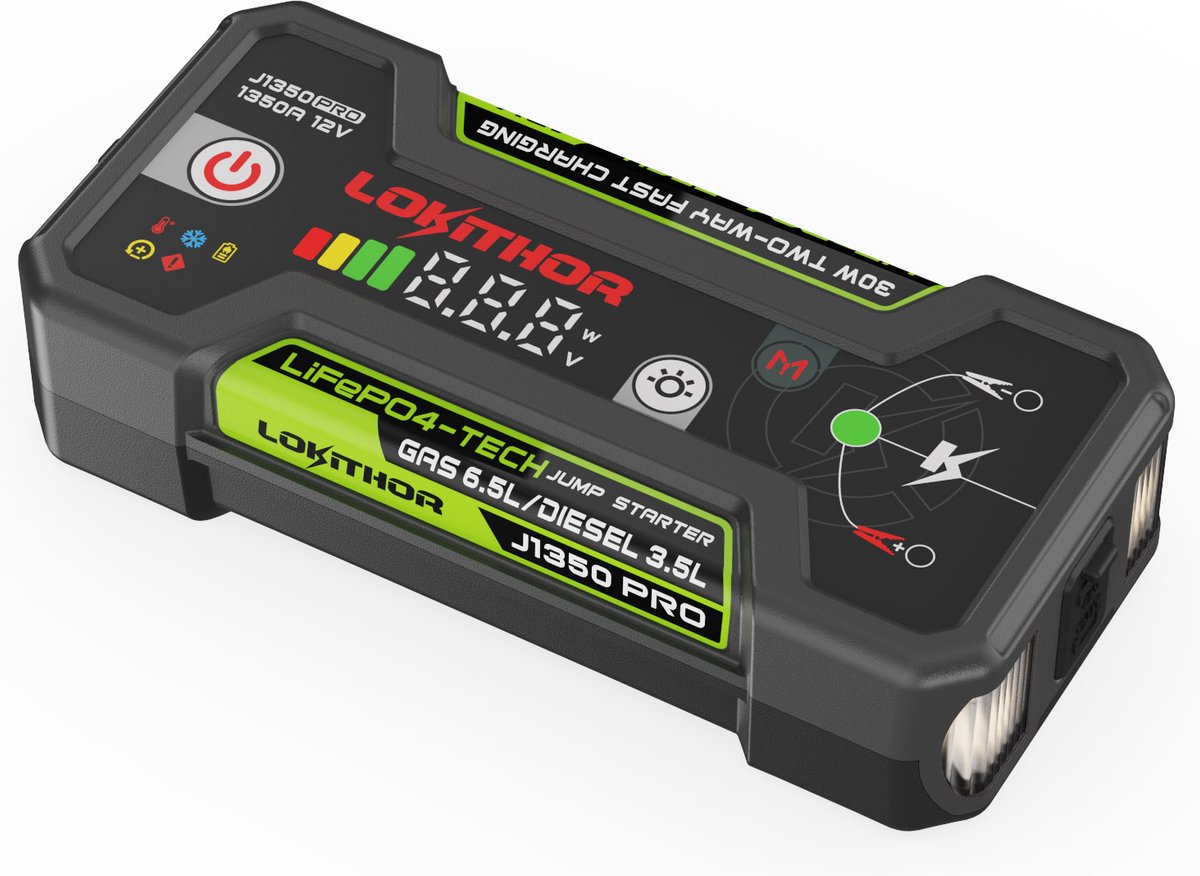 Lokithor jump starter j1350 pro - 12v 1350a lifepo4 - banque d'alimentation 30w - pour voiture, essence jusqu'à 6,5l diesel jusqu'à 3,5l - lampe de poche LED
