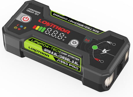Lokithor jump starter j1350 pro - 12v 1350a lifepo4 - banque d'alimentation 30w - pour voiture, essence jusqu'à 6,5l diesel jusqu'à 3,5l - lampe de poche LED