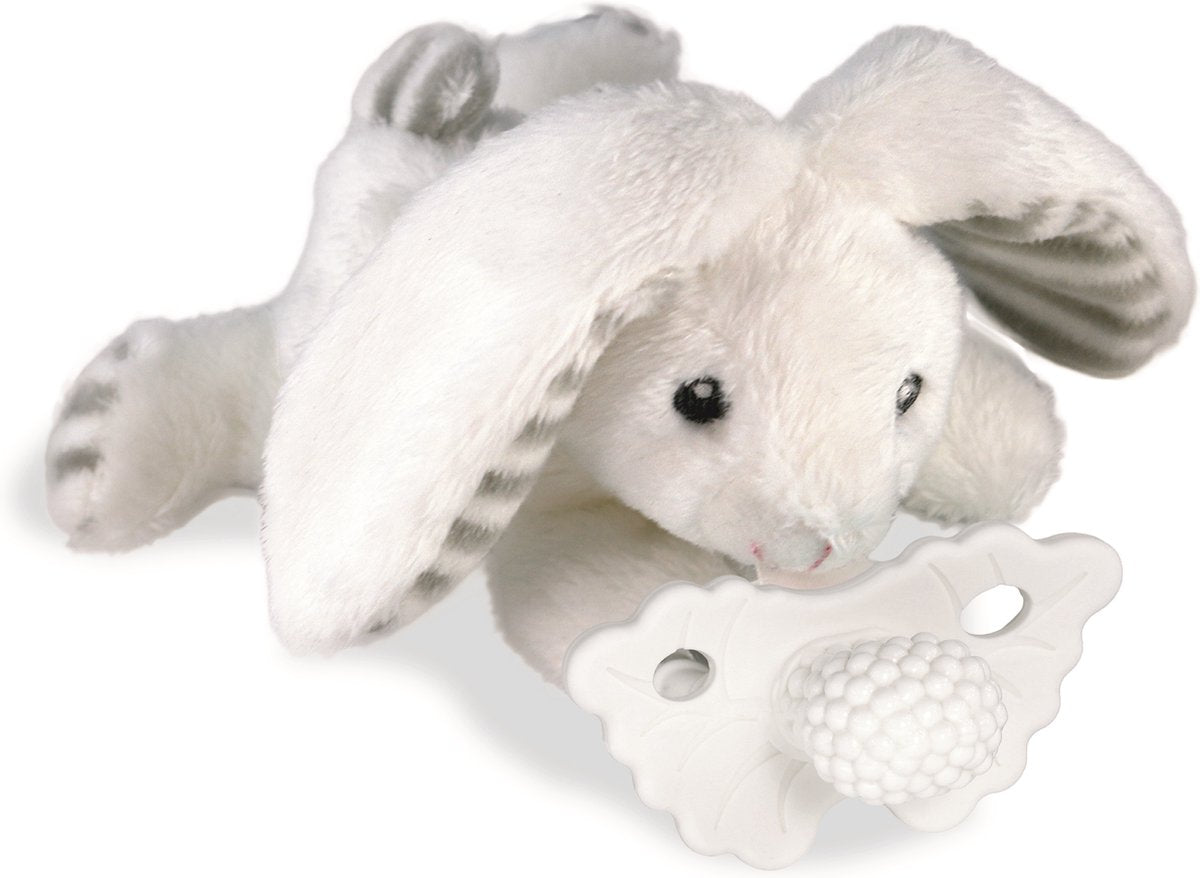 Razbaby - peluche tétine razbuddy comprenant une tétine de dentition framboise - lapin