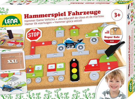 Jeu de frappe au marteau Lena avec figurines en bois et clous 64 pièces