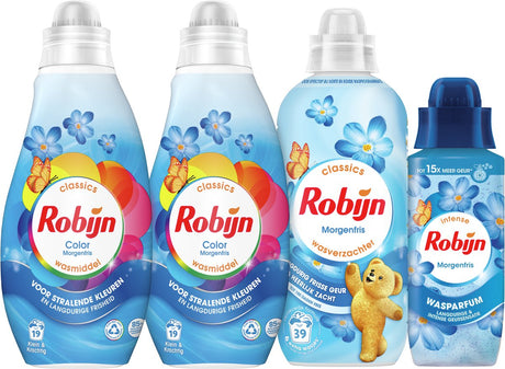 Robijn match parfait - fraîcheur du matin - 4 pièces - 2x détergent + 1 assouplissant + 1 parfum de lessive - pack économique