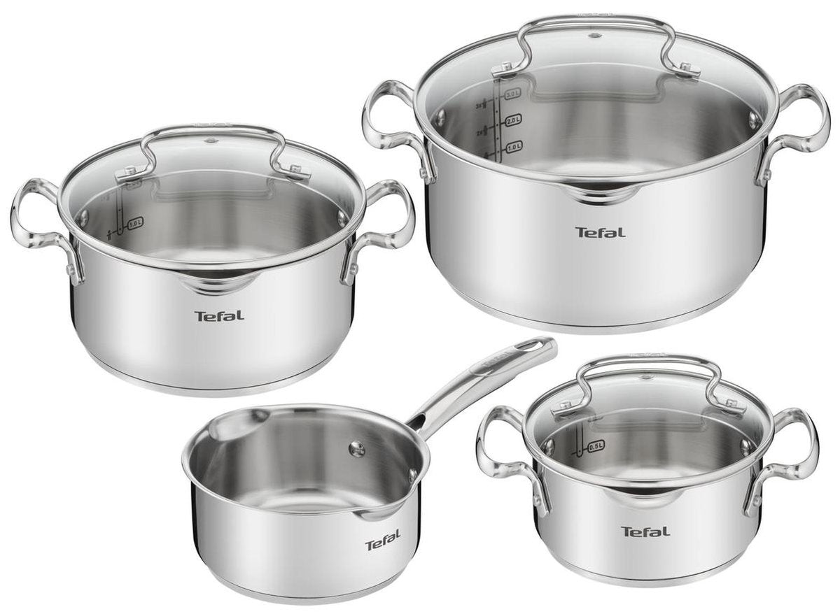 Set de cuisson Tefal duetto+ 4 pièces en inox, casserole 16 cm et casseroles 16, 20 et 24 cm adaptées à toutes sources de chaleur.