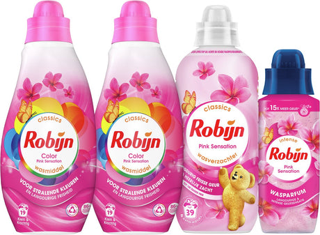 Robijn match parfait - sensation rose - 4 pièces - 2x détergent + 1 assouplissant + 1 parfum de lessive - pack économique