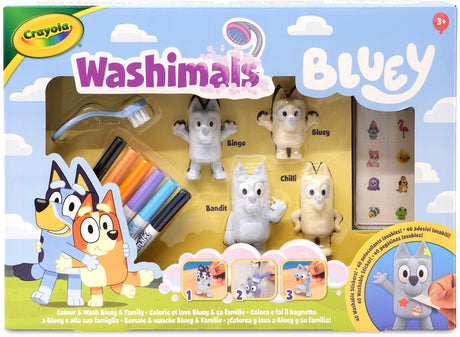Washimals Crayola - bluey - set de bricolage avec autocollants et 4 chiots, 6 marqueurs lavables, autocollants et pinceau - jouets et cadeaux pour enfants à partir de 3 ans