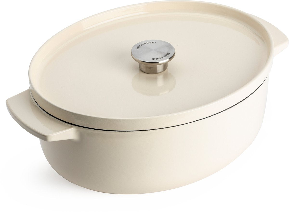Poêle Kitchenaid 30cm - fonte émaillée - blanc amande - ovale