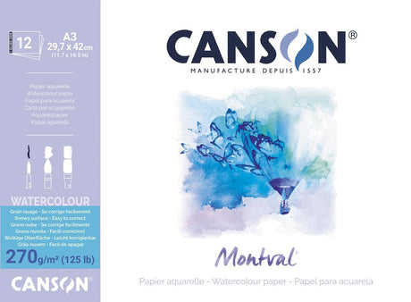Papier aquarelle Canson montval, blanc à gros grains 270 g m?, ft a3, bloc de 12 feuilles
