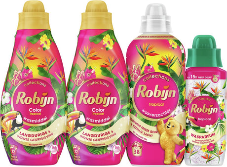 Robijn perfect match - tropical - 4 pièces - 2x détergent + 1 assouplissant + 1 parfum de lessive - pack économique