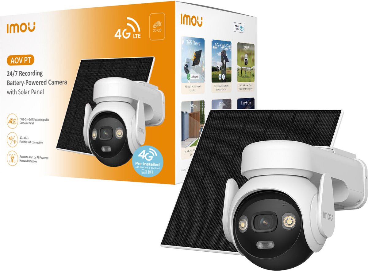 Kit Imou Aov PT – Caméra de sécurité sans fil alimentée par batterie avec panneau solaire – 5MP 3K – WiFi 4G – 360° PTZ – Enregistrement continu