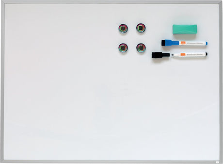 Tableau blanc magnétique Nobo avec cadre en aluminium - 58,5 x 43 cm - avec marqueurs, aimants et gomme - blanc