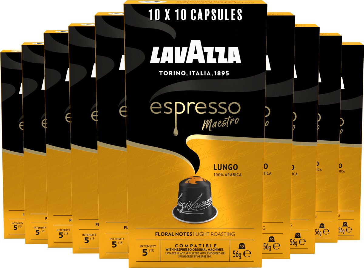 Tasses à café expresso Lungo Lavazza - 100 tasses nespresso - café 100% arabica - intensité : 5 13 - 10 x 10 capsules aluminium