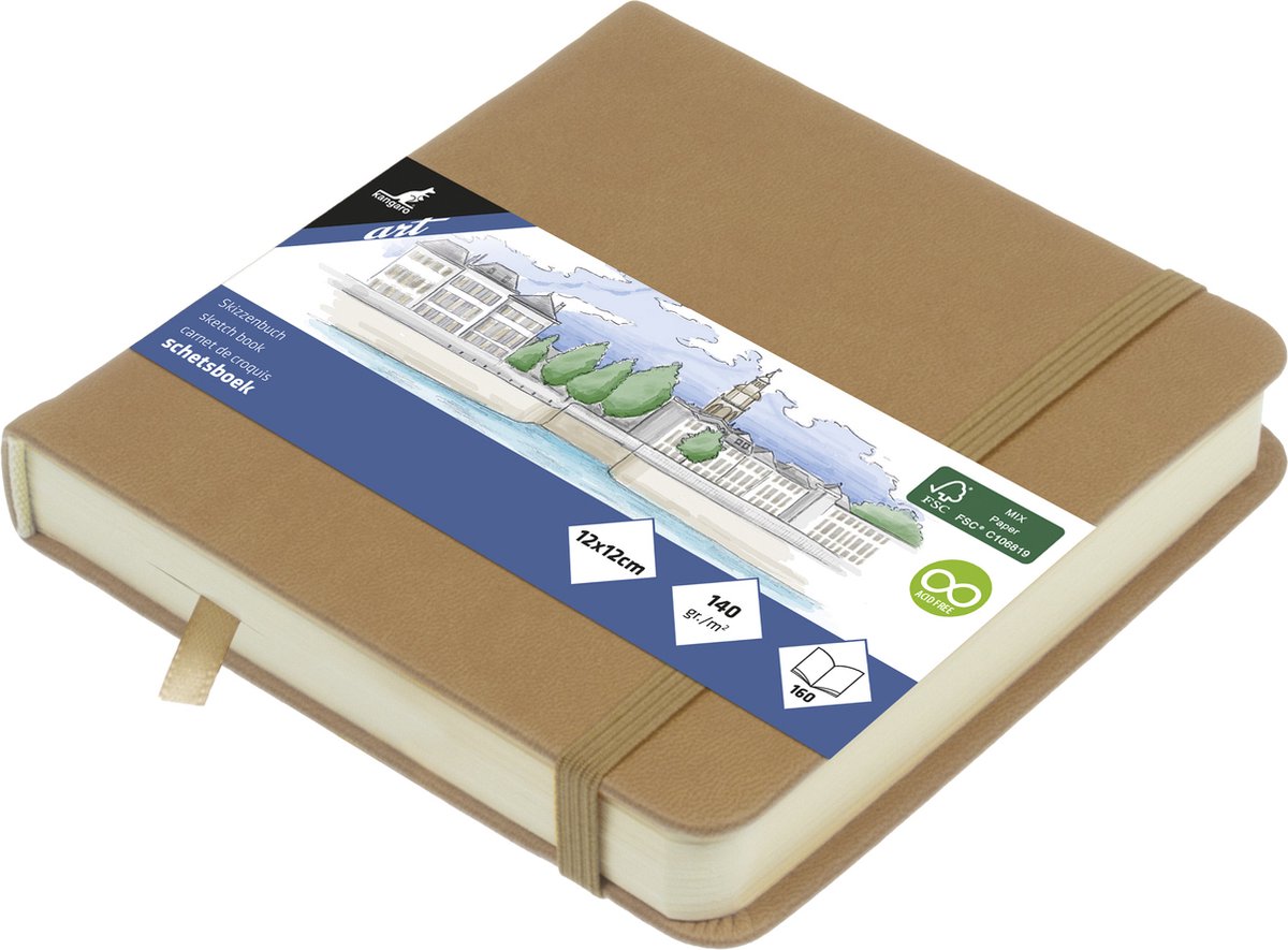 Kangaro schetsboek - 12 x 12 cm - taupe - pu-hardcover - met elastiek en leeslint - k-861206