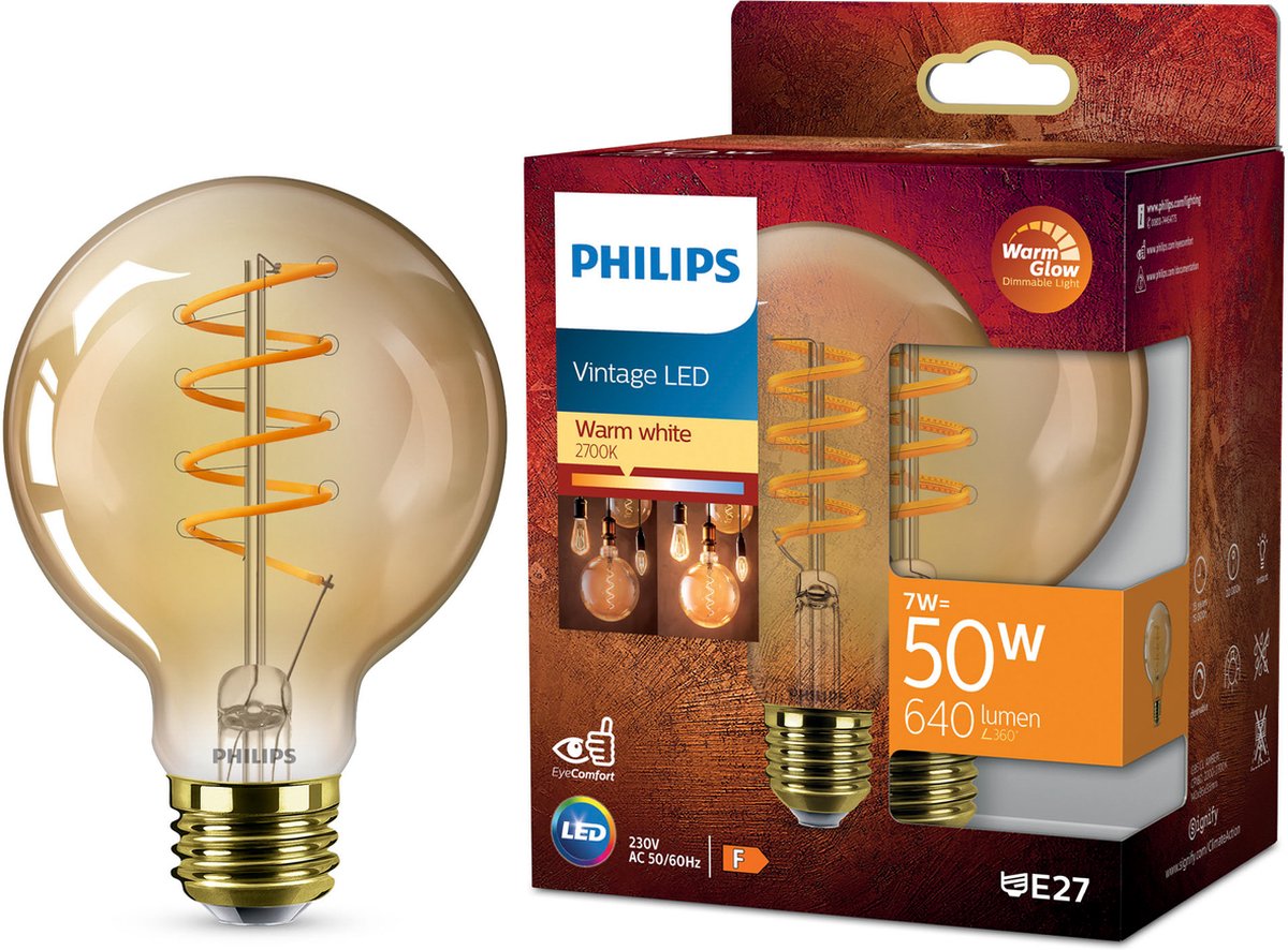 Philips led philips deco led - warmglow - 50w - e27 fitting - g95 globe lampvorm - amberkleurige lamp
