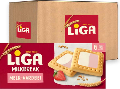 Liga milkbreak duo cookies lait fraise - boîte 12 x 245g - cookie - biscuits pour la route ou le travail et le bureau
