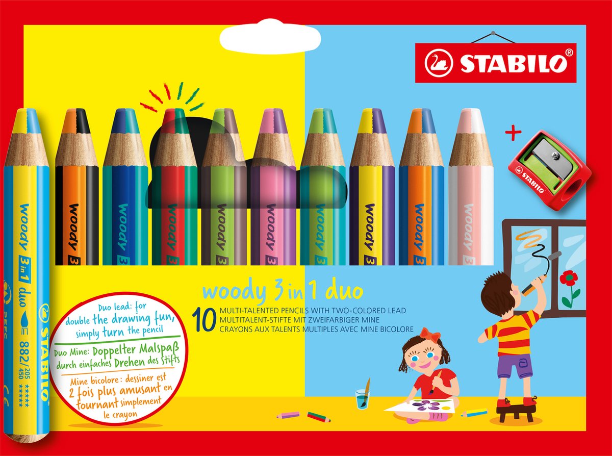 Stabilo woody duo 3 en 1 - crayons de couleur multi talents - étui avec taille-crayon 10 couleurs