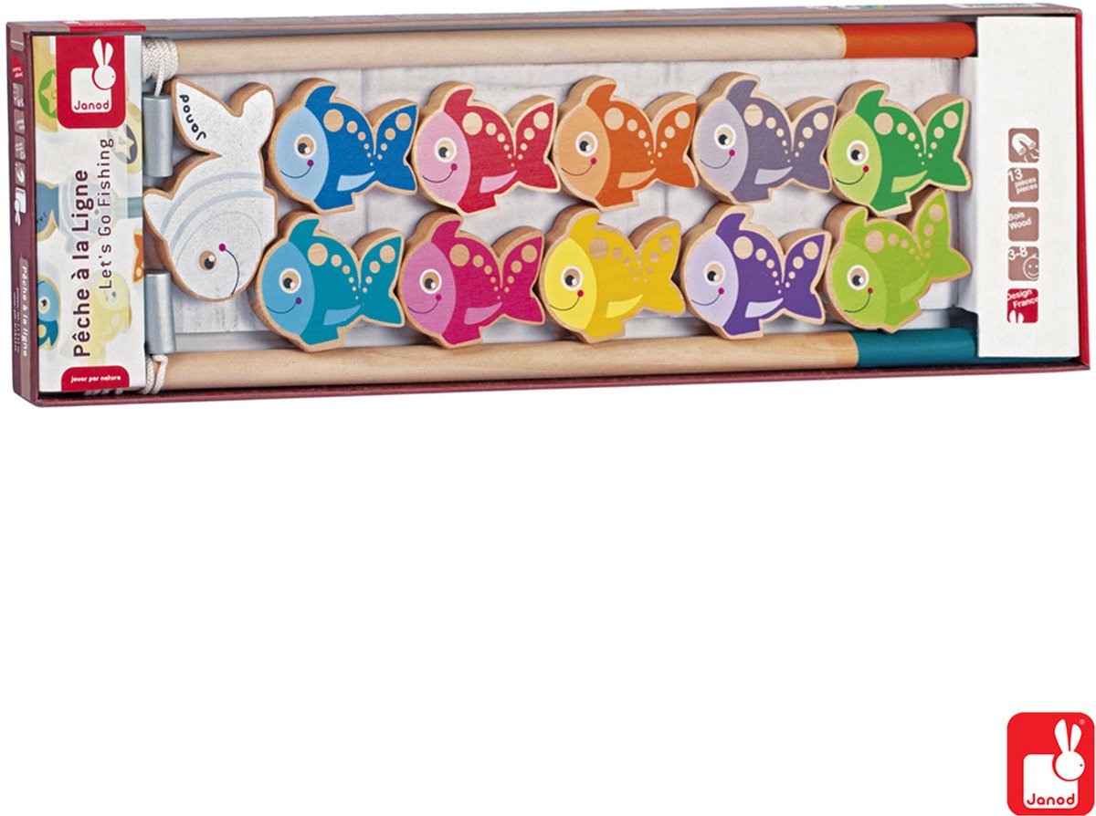 Jeu Janod - jeu de pêche : allons à la pêche - utilisez votre canne à pêche et tentez d'attraper le plus de poissons ! chaque poisson vaut un certain nombre de points - convient aux 2 ans et plus