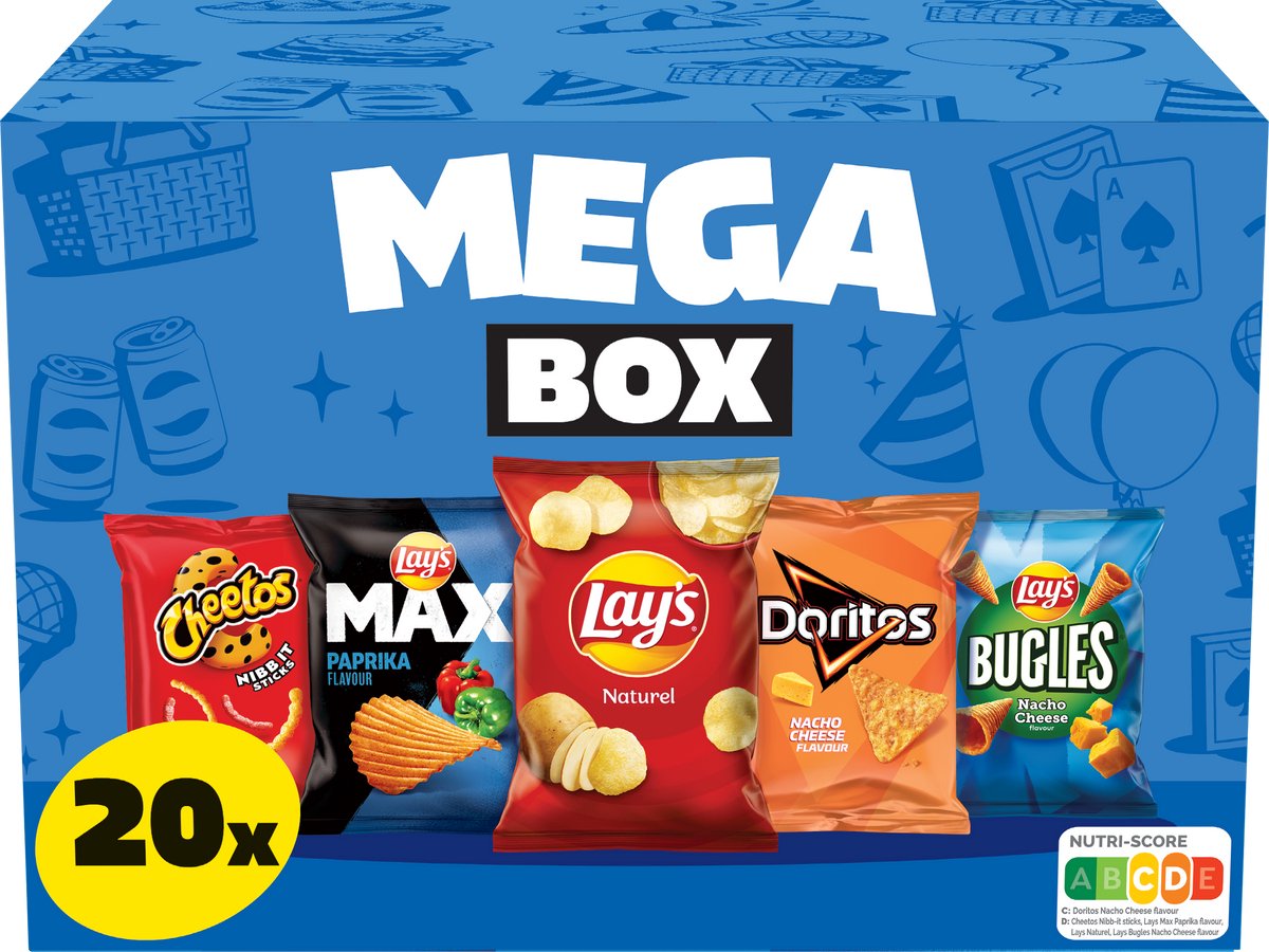 Lay's chips mega box mix - paprika, fromage nacho naturel - la boîte 534 grammes contient 20 sachets de distribution