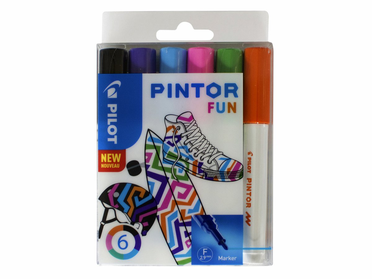 Pilot pintor fun surligneur 6 pièce(s) noir, bleu clair, citron vert, orange, rose, violet stylo bille