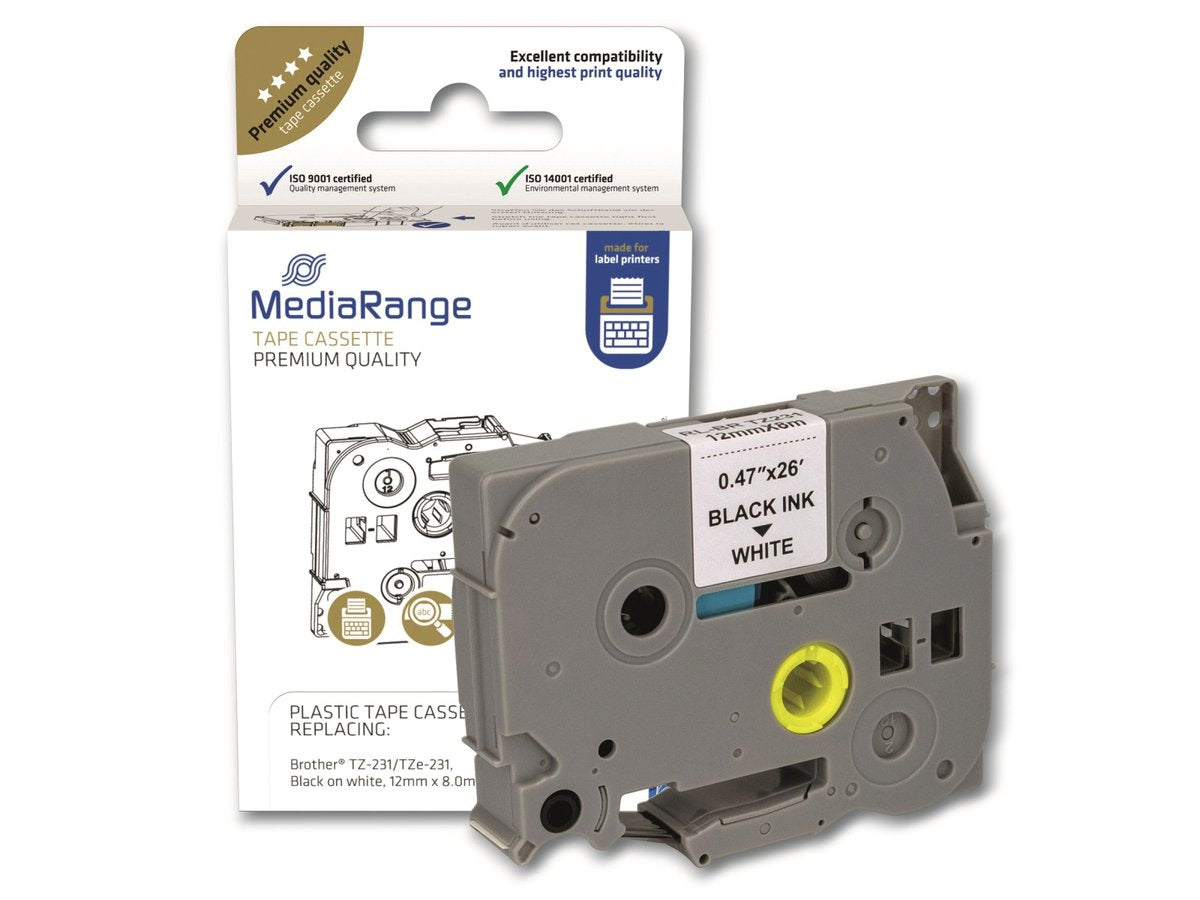 Mediarange - étiquettes compatibles brother tz-231 tze-231 - 12mm x 8m - noir sur blanc