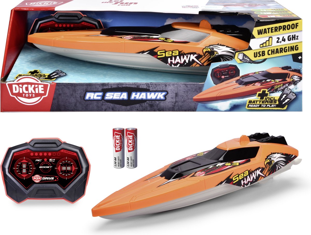 Dickie toys - rc sea hawk - hors-bord orientable - télécommande - à partir de 6 ans