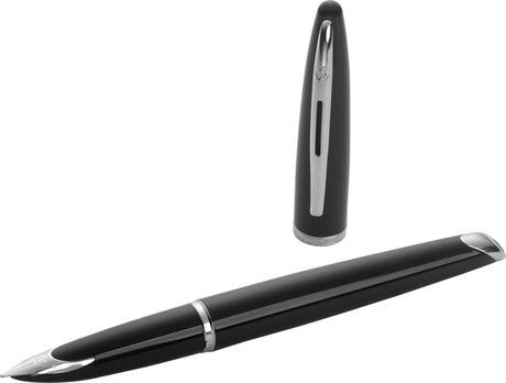 Stylo plume Waterman Carène Mer Noire | noir brillant avec finition palladiée | pointe fine avec cartouche d'encre bleue | emballage cadeau