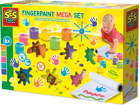 Ses creative - méga set de peinture au doigt 6 couleurs x 110 ml - avec rouleau de papier de 2 mètres de long - couleurs joyeuses