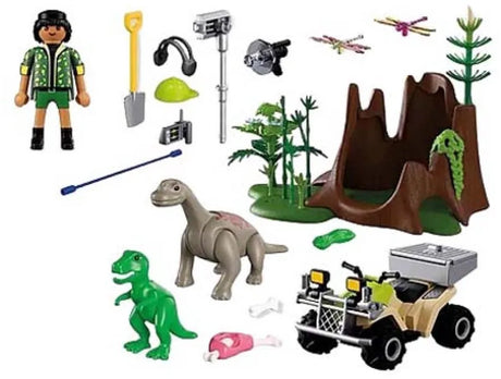 Playmobil | dinosaures | cachette des dinosaures | Explorateur de dinosaures avec quad, bébé t-rex et bébé brachiosaure | jouets pour enfants à partir de 4 ans | 72069