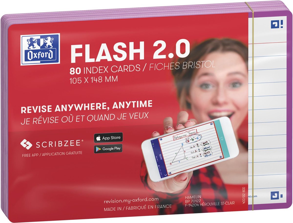 Oxford flash 2.0 - flashcards - ligné - a6 - bordure violet clair - 80 pièces