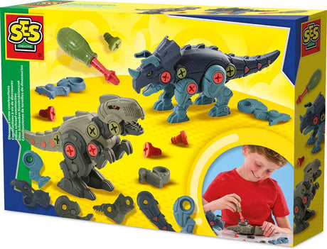 Ses creative 14291 Dino Screw Constructions - Kit de construction créatif pour les enfants à partir de 5 ans - Construisez un T-Rex et un tricératops avec des vis et des pièces - Stimule la réflexion sur la résolution de problèmes