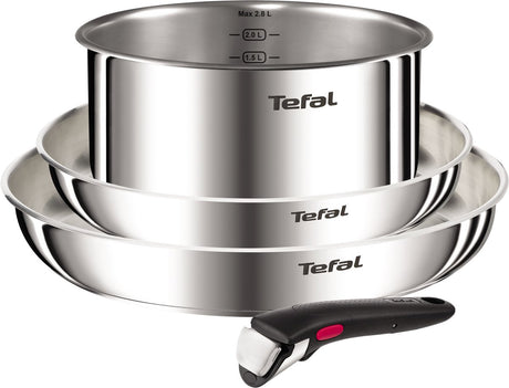 Tefal Ingenio Emotion L896S453 – set de poêles 4 pièces – acier inoxydable 2 poêles 1 casserole – poignée amovible – empilable – compatible induction – passe au four – batterie de cuisine compacte