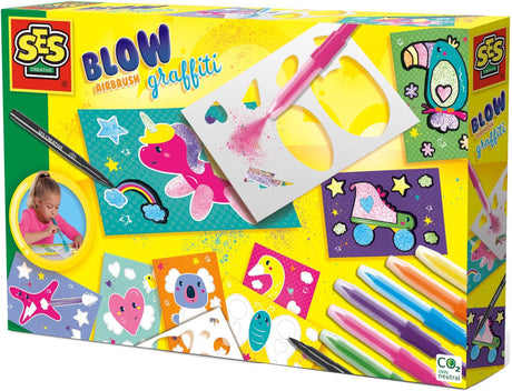 Ses creative – souffler des graffitis à l'aérographe – coffret de bricolage créatif à partir de 6 ans – comprenant 6 stylos aérographe, un marqueur noir, des pochoirs et des pages à colorier