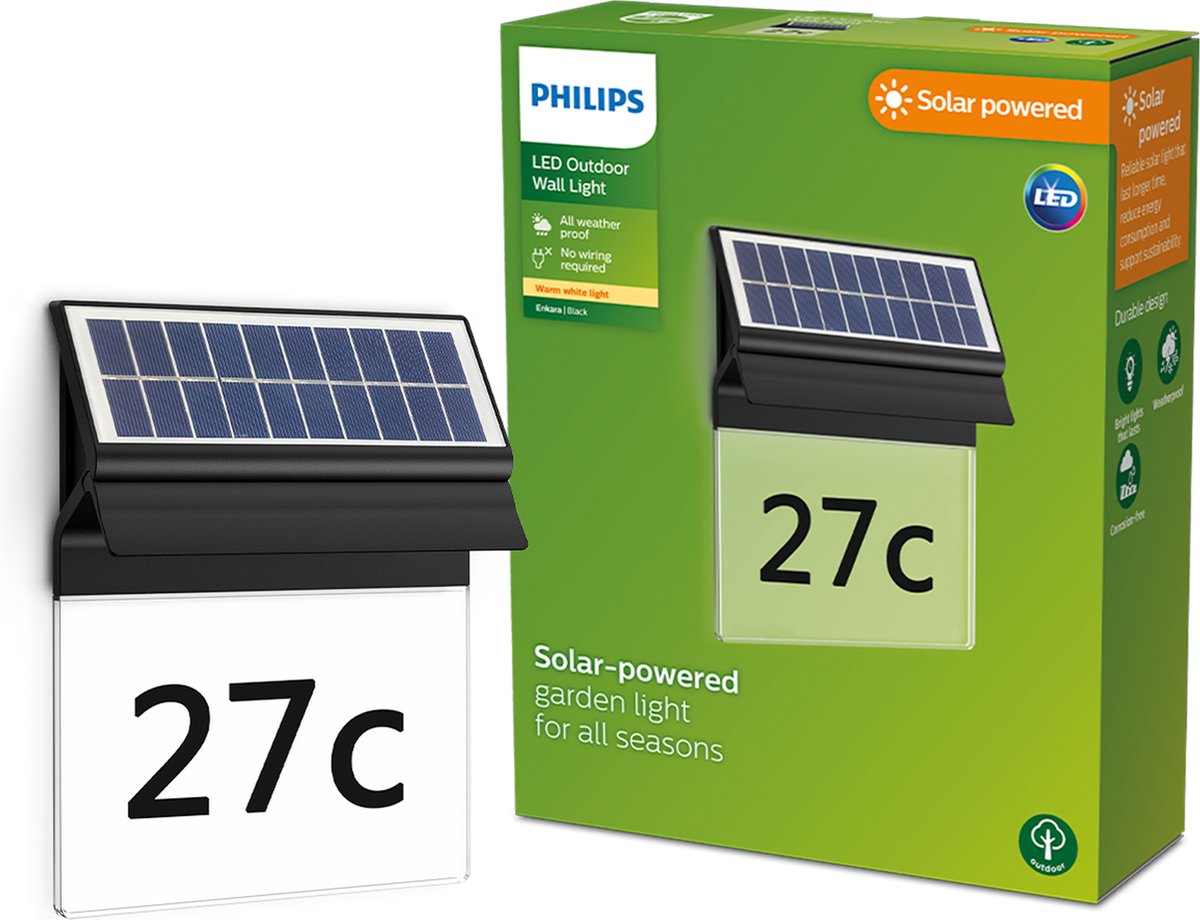 Philips led philips enkara solar wandlamp met huisnummer - zwart