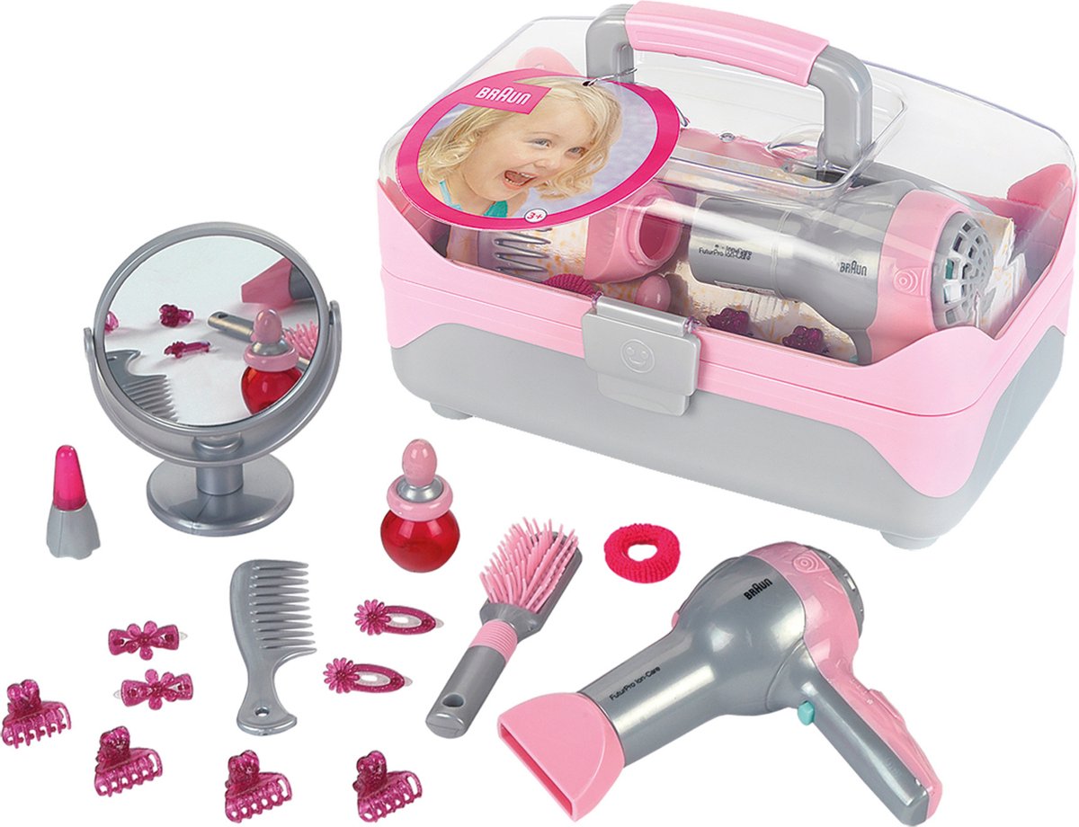 Mallette de coiffure Klein Toys Braun avec sèche-cheveux - accessoires pour cheveux, miroir, rouge à lèvres et parfum - incl. ventilateur avec mécanisme d'air froid - gris rose