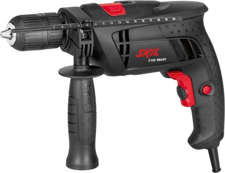 Perceuse à percussion Skil 710w - perceuse dans la maçonnerie - perceuses à percussion - mandrin sans clé 13 mm - avec poignée latérale de butée de profondeur - comprenant 3 forets à maçonnerie - 6290 AA