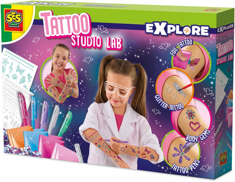 Ses creative - explorer - laboratoire de studio de tatouage - jouets scientifiques pour enfants - fabrication de tatouages - tatouage à paillettes - bracelet de tatouage - jouets vocaux - boîtes d'expérimentation - made in Holland - à partir de 5 ans