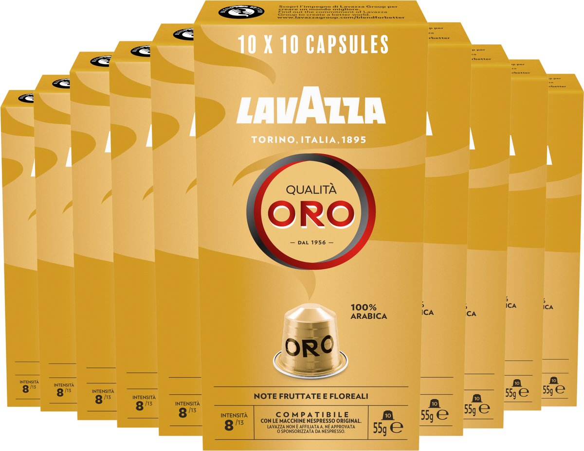 Tasses à café oro qualité Lavazza - 100 tasses nespresso - café 100% arabica - intensité : 8 13 - 10 x 10 capsules aluminium