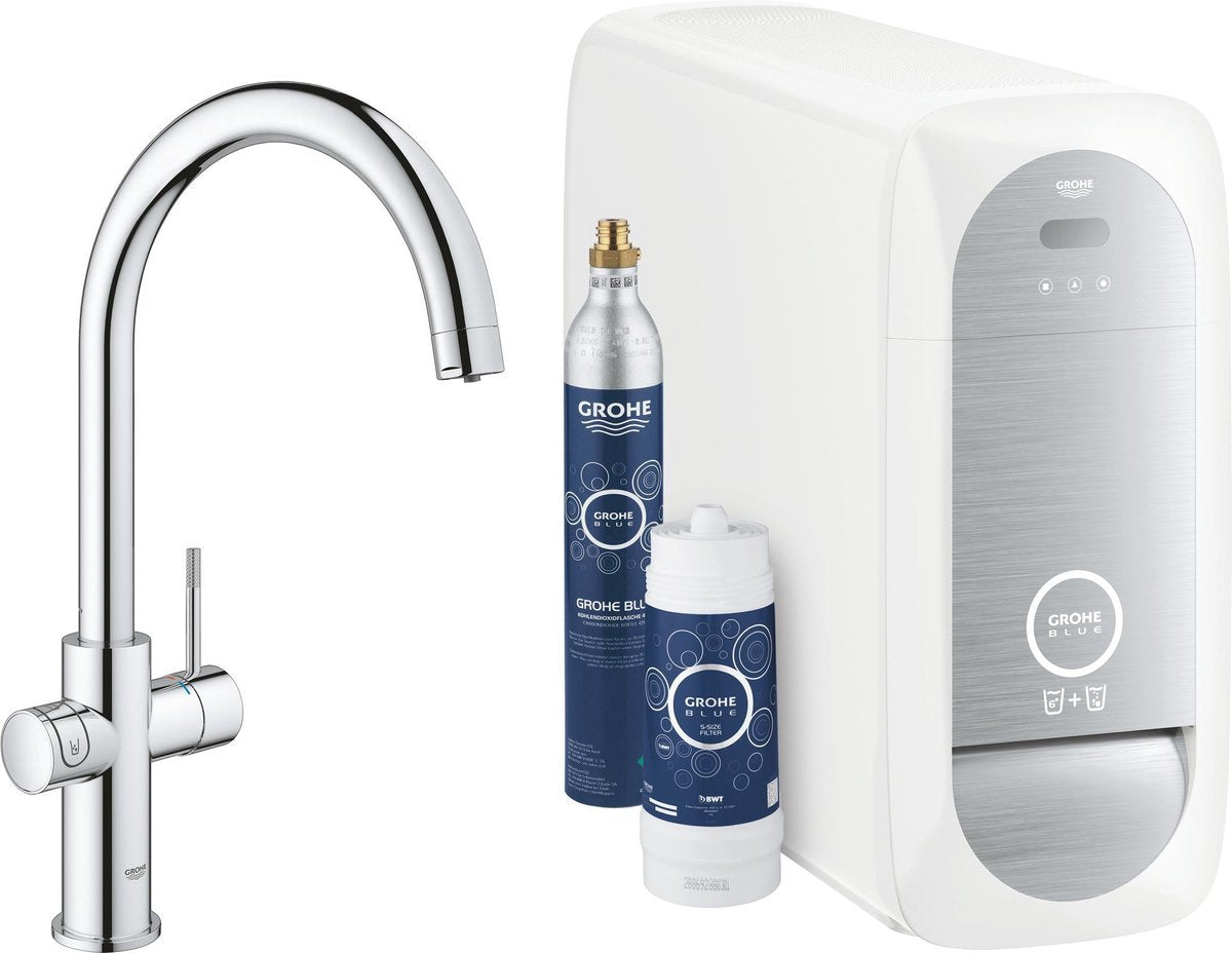 Robinet de cuisine Grohe blue home duo - avec Bluetooth et WiFi - kit de démarrage - bec en C - chrome - pour eau purifiée, réfrigérée et gazeuse